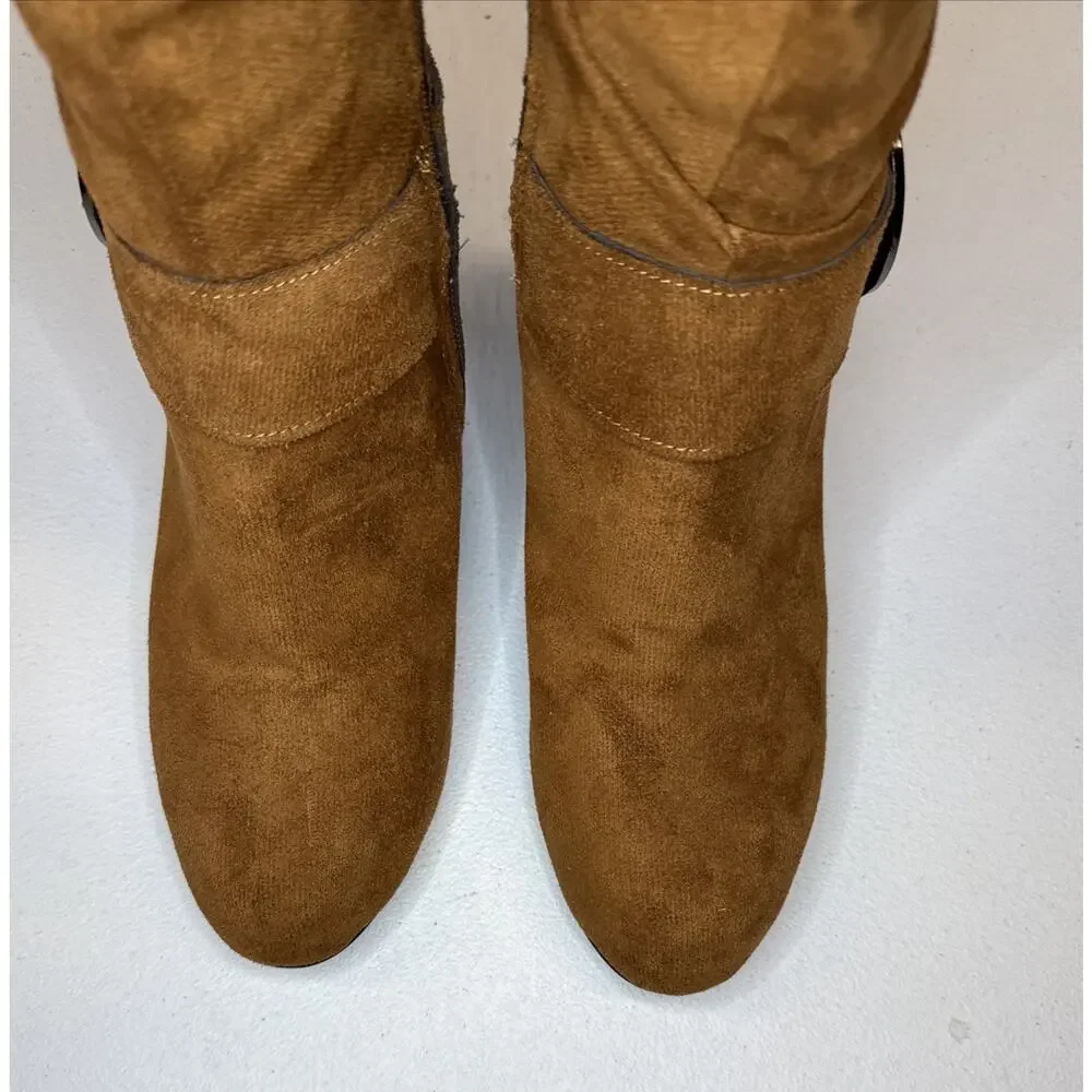 Women’s Suede Slouchy Knee High Boots Brown Buckle Kitten Heel EU 41 Fits US 8.5